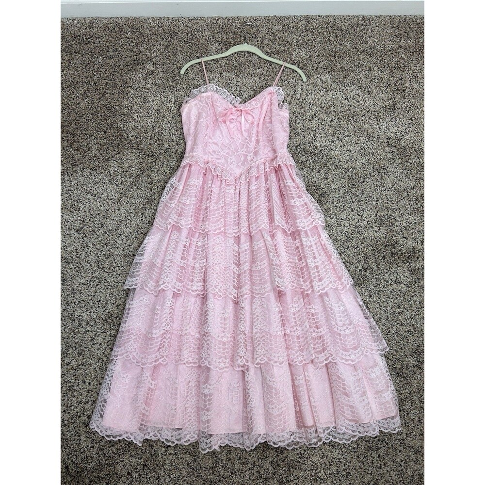 VTG Dress 80s 70s Lace Ruffled Tiered Pink Ballgown Coquette Formal Sz 13/14 P